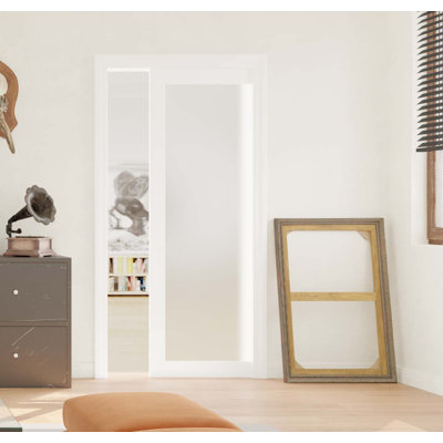 Frosted Glass 1-Lite Sliding Pocket Door White Standard Door with Hardware Kit Set