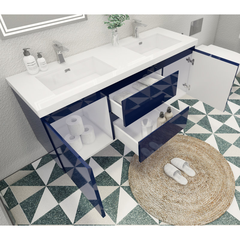 Aylanna Double Bathroom Vanity with Wood, Acrylic Top, Hight Gloss Night Blue