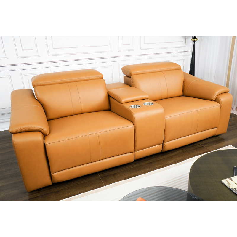 Canapé d'angle modulaire 3 places en cuir brun, confortable, avec fauteuil inclinable électrique et 2 porte-gobelets, style moderne idéal pour les petits espaces, respirant, avec rangements intégrés. Convient également aux bureaux.