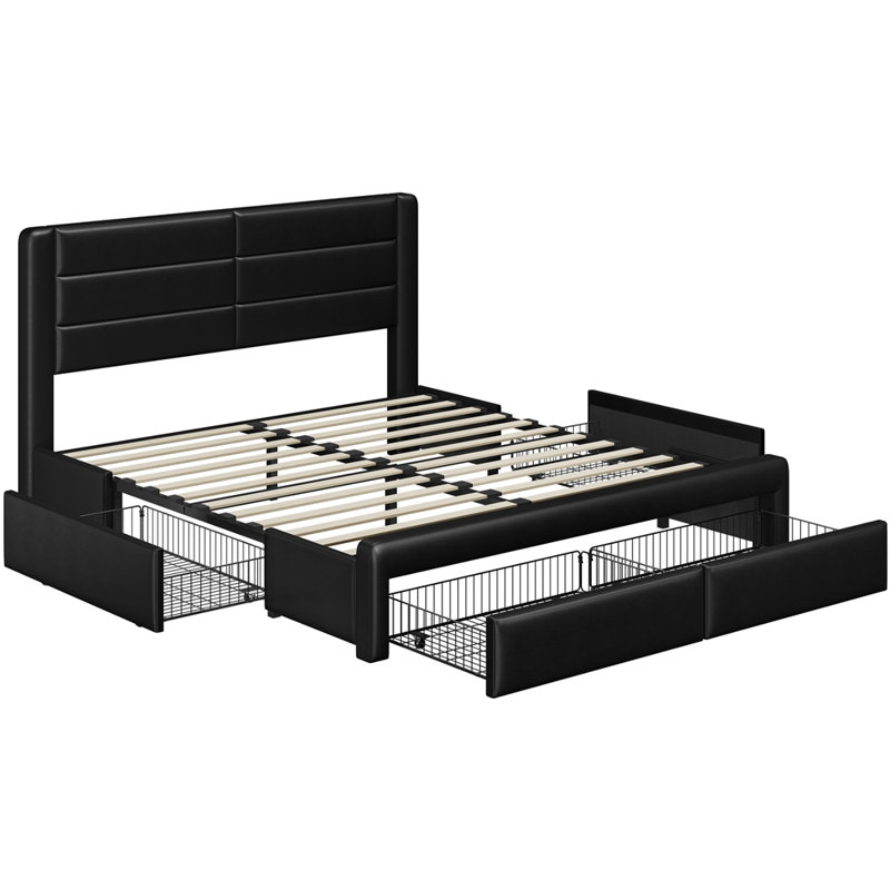 Avelle Vegan Leather Metal Platform Storage Bed with Drawers and Built-In USB Ports, Black, King