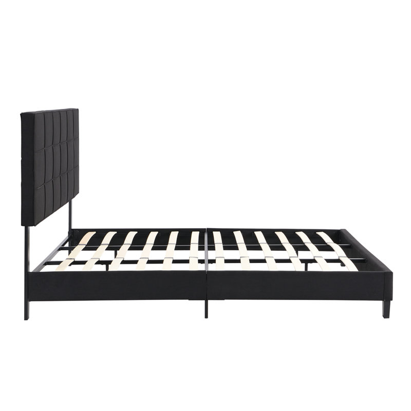 Upholstered Platform Bed Frame with Linen Fabric Headboard, No Box Spring Needed, Wood Slat Support, Easy Assembly, Noir