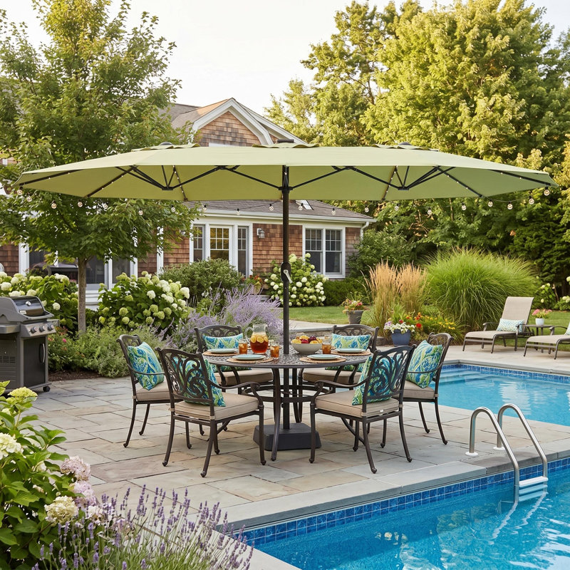 Parasol de patio rectangulaire de 15 pi avec lumières solaires et base inclus pour le marché extérieur, la cour, la terrasse et le bord de la piscine
