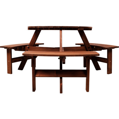 Table de pique-nique ronde en bois, 3 bancs, capacité de 6 personnes, trou pour parasol, plateau de table de 35 pouces, bords arrondis lisses, table de camping solide et stable avec coffre-fort, brun