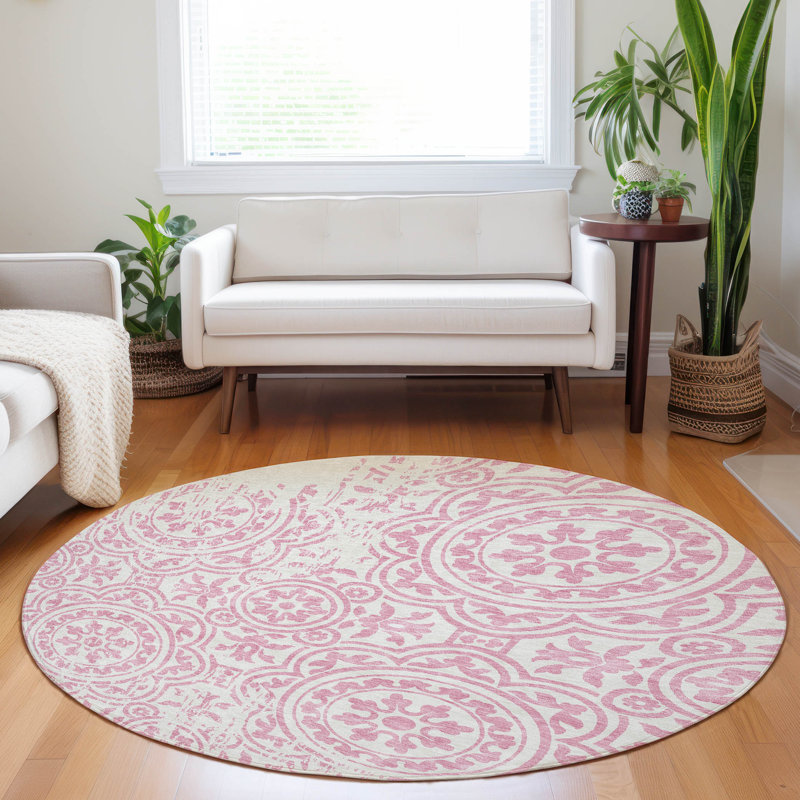Premium Machine Washable Prisco Pink Rug, Round 8'