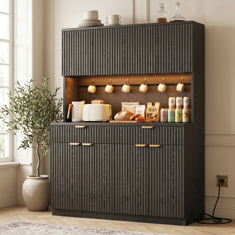 Armoire de rangement autoportante à 4 portes à texture ondulée pour la cuisine et la salle à manger, Noir, Doré