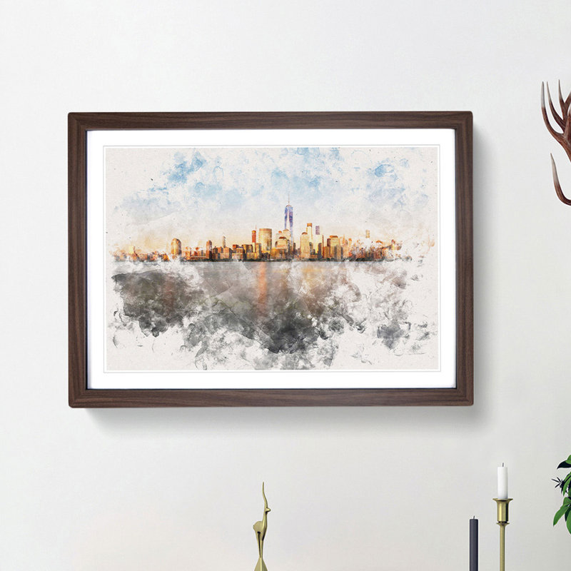 The New York Skyline - Picture Frame Painting Print, 62cm H x 87cm W x 2cm D, Walnut Framed