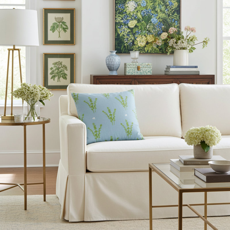 Eucalyptus Square Pillow Cover & Insert, Blue/Green/White Floral, 22"H x 22"W