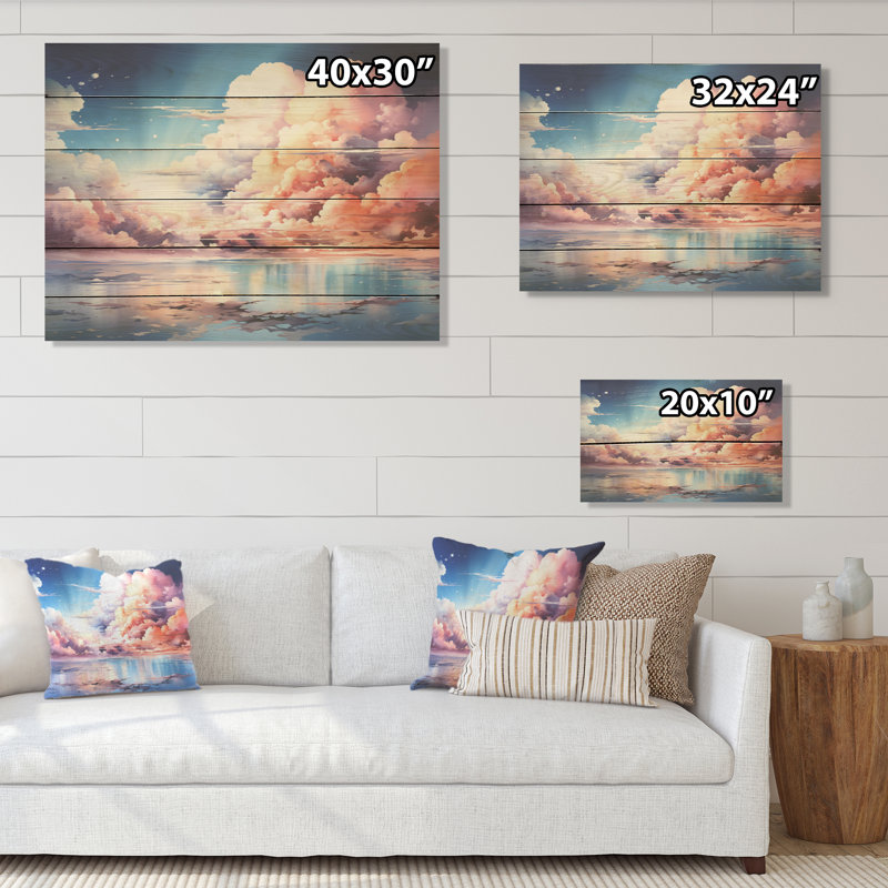 Fantasy Sky Scenery Minimalism - Sky Wood Art On Natural Pine Wood, 24" H x 32" W