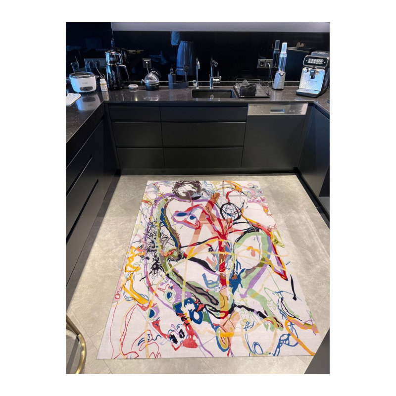 Message Random Scribble Figure Multicolor Woven Base Washable Rug, Rectangle 3'3" x 4'11"