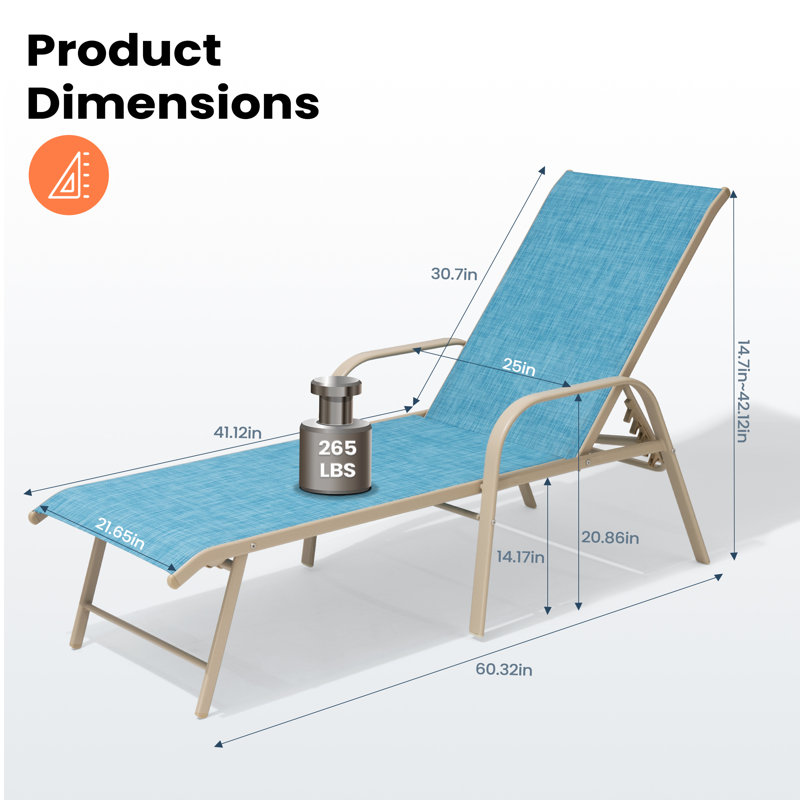 Chaise longue inclinable d'extérieur en aluminium, Cadre doré / coussin bleu