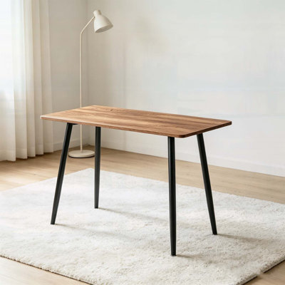 Modern Minimalist MDF Wood Color Dining Table with Black Metal Legs, Suitable for 4-6 Seats, Versatile Use as Home Office or Kitchen Table