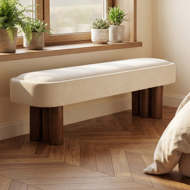 Banc en tissu avec pieds noyer Modern, Blanc