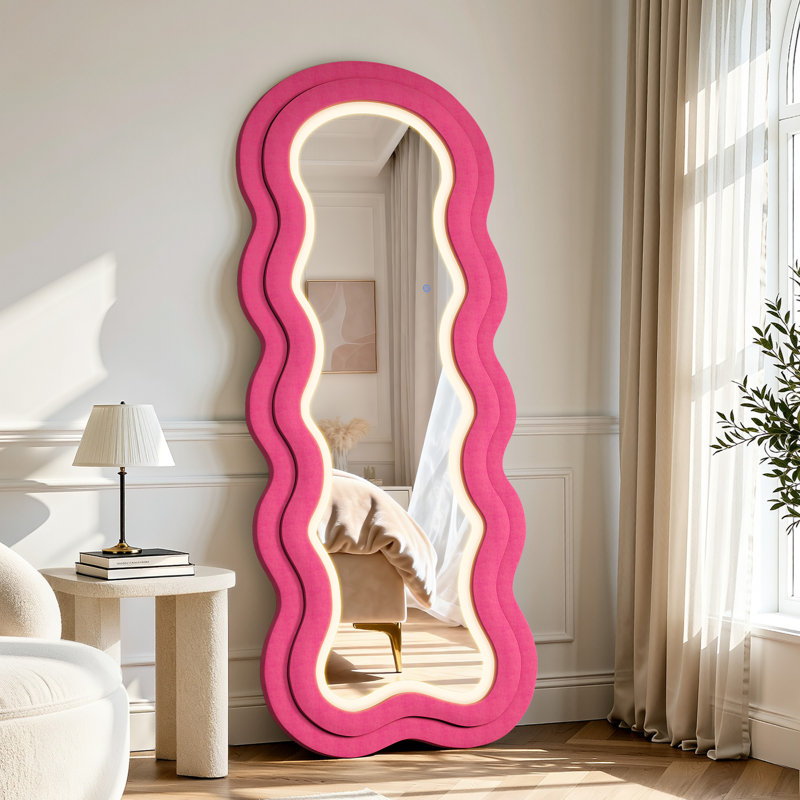 63"× 24" Wavy Mirror Full Length, Body Length Mirror with Three-Color Adjustable Light Strip, Velvet Rose-pink, Pink