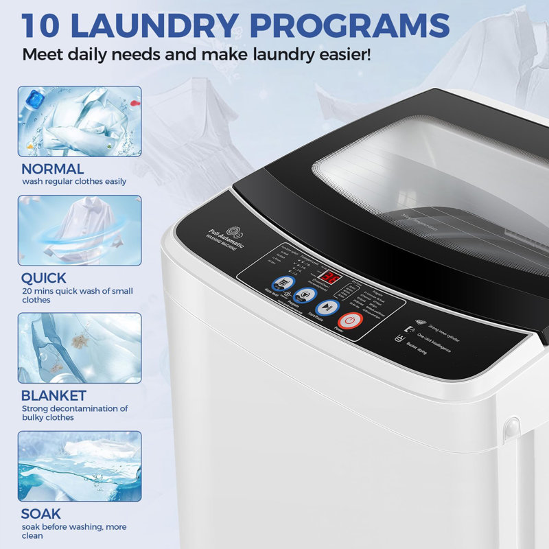 2.8Cu.Ft Portable Washing Machine With Glass Cover, 20Lbs Capacity Full-Automatic Portable Washer Machine, Washer And Dryer Combo With 10 Programs & 8 Water Levels For Apartment, Dorms, RV