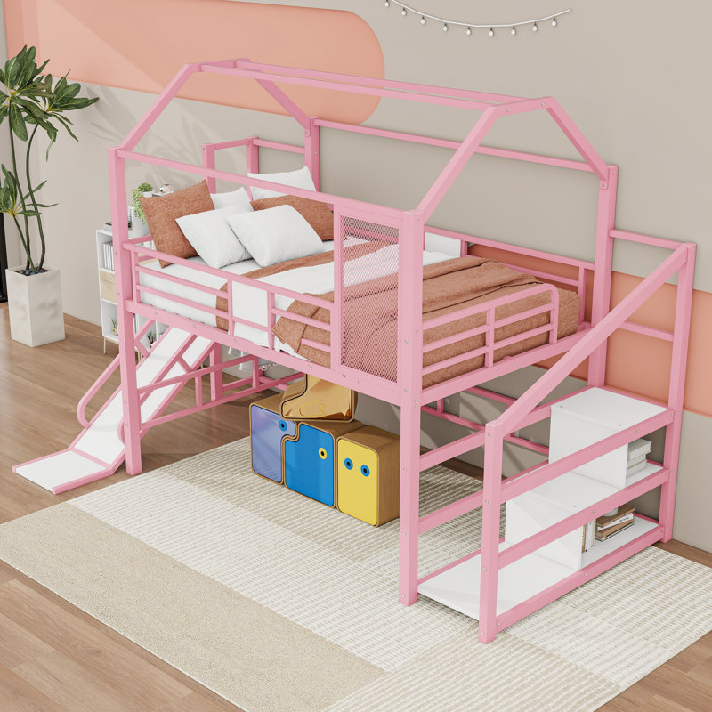 Metal Loft Bed With Staircase And Slide, Full, Pink
