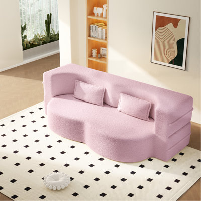 Canapé-lit moderne avec 2 coussins, canapé-lit convertible en tissu rembourré de mousse, matelas pliant simple de 15 po pour le salon, lit d'invité, salle de jeux, aucun assemblage requis, rose