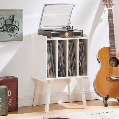 Support pour tourne-disque, table de rangement pour disques vinyles avec 4 armoires pouvant contenir jusqu'à 100 albums, support pour tourne-disque moderne de style Mid-Century avec pieds en bois, étagère de présentation en vinyle blanc pour le salon de la chambre à coucher