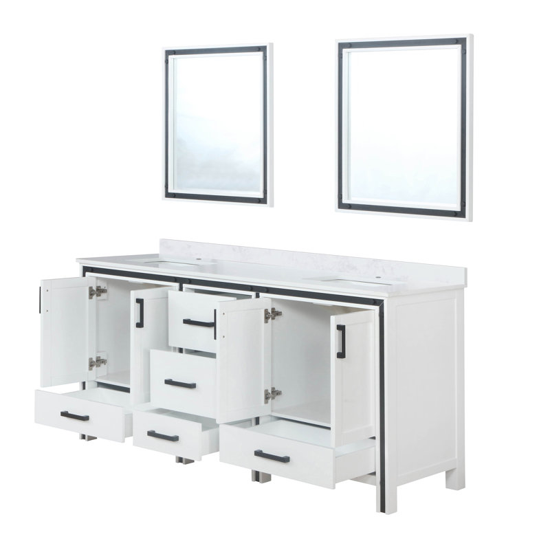 Ziva 72 in W x 22 in D Double Bath Vanity, White Top and 30 in Mirrors, White Cultured Marble, Dark Gray