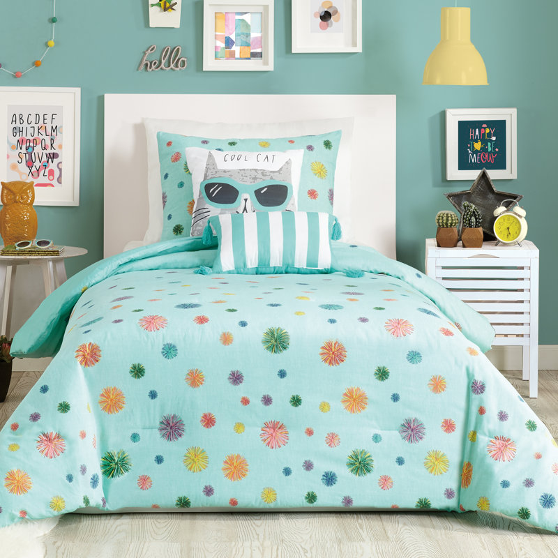Raining Pom Poms Turquoise Comforter Set with 2 Decorative Pillows, Twin
