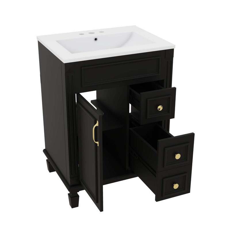 Meuble-lavabo peu encombrant avec lavabo en céramique 2 tiroirs et étagère réglable, Noir, Doré, 24"