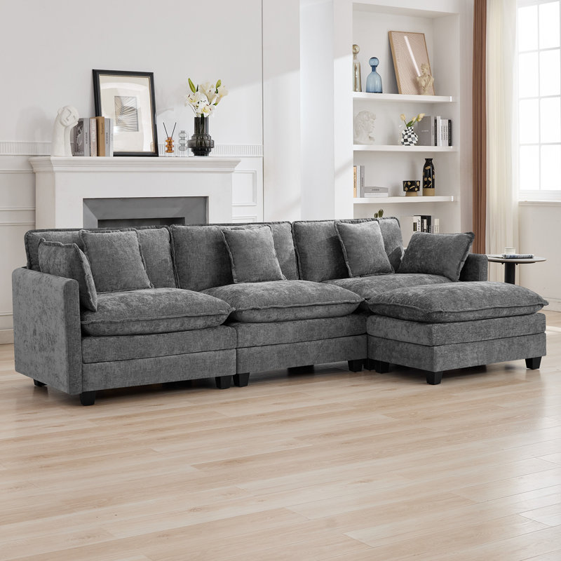 Canapé modulaire rembourré en chenille avec repose-pieds Chenille, 4, Gris clair