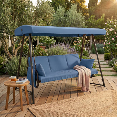 3-Seat & 3-in-1 UV-Protected Daybed Outdoor Porch Patio Swing with Canopy and Cushions in Blue