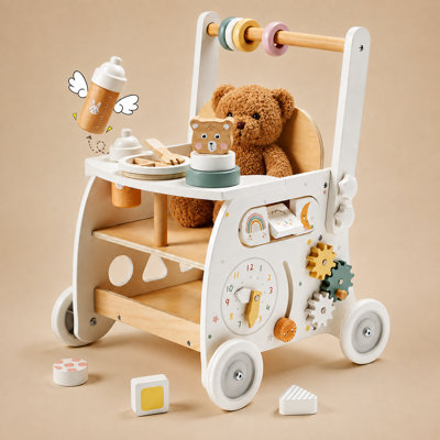 Wooden Baby Push Walker and Activity Center with Pretend Play, Shape Sorter and Storage for Indoor Play