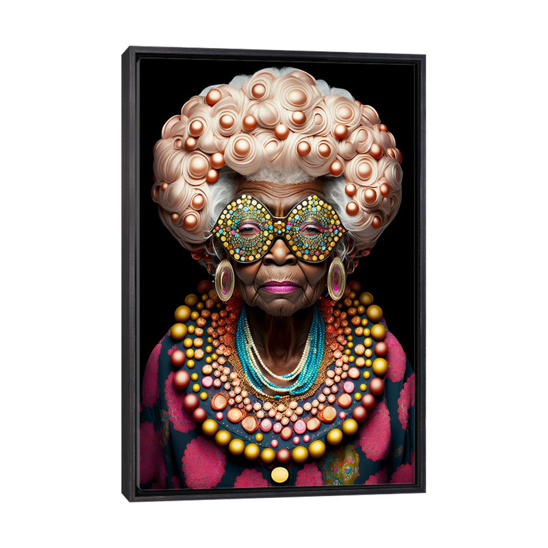 Afrofuturist Grandma I, Distressed Black Floater Framed Canvas, 26" H x 18" W x 1.5" D