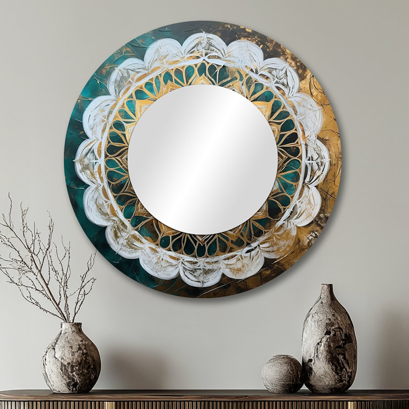 Prasun bleu sarcelle et mandala I - miroir mural unique Boho Mandala, 29 po x 29 po