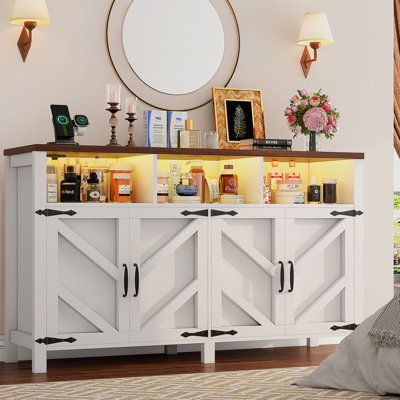 55" Smart Buffet Sideboard With Power Outlets & App-controlled Rgb Led Lights, Large Farmhouse Kitchen Storage Cabinet With 4 Doors, Coffee Bar Cabinet Buffet For Dining Room, Entryway, White And Walnut