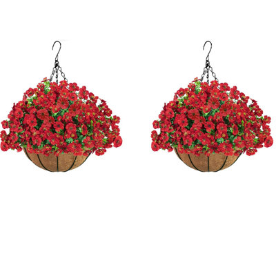 2Pack Artificial Hanging Flowers with Basket，Hanging Baskets with Artificial Flowers Fake Hanging Flowers Artificial Flowers Outdoors Uv Resistant Fake Hanging Plants for Porch Garden Patio Balcony