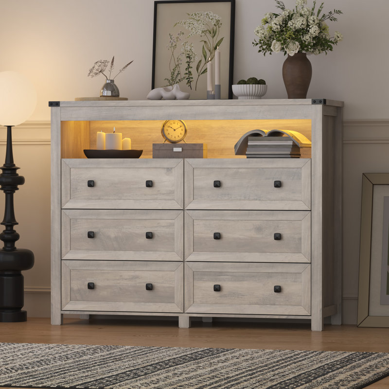 6 Drawer Dresser With Lights And Power Outlet, Gray