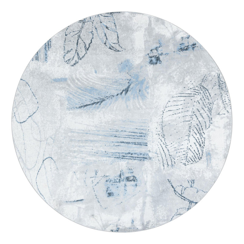 Tapis floral en polyester tissé à la machine en blanc / gris / bleu Lamm, Rond 7 pi 10 po