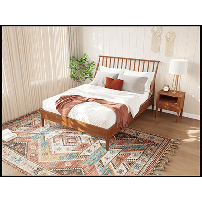 Solid Bamboo Wood Spindle Platform Queen Bed with 46.5 Inch Tall Headboard