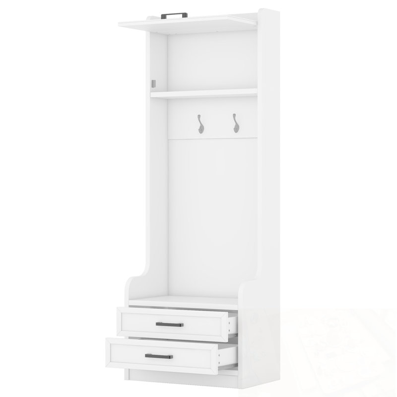 Hall Tree With 7 Hooks, 4 Storage Drawers And 2 Cabinets, White