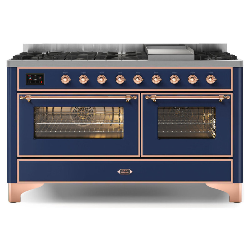 ILVE UM15FDNS3BGG Majestic II 60 inch Dual Fuel Range with 9 Burners, Griddle (Natural Gas, Triple Glass Door, Blue Grey, Brass)
