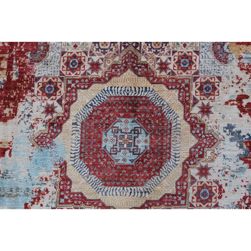 Tapis ivoire et rouge noué à la main de haute qualité