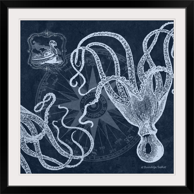 Octopi On Indigo " Octopi On Indigo II " by Gwendolyn Babbitt, Black Frame, 38" H x 38" W x 1" D