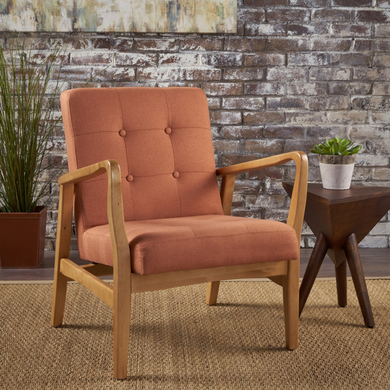 Babic 28.25" Wide Tufted Armchair, Orange Polyester, Brown Wood