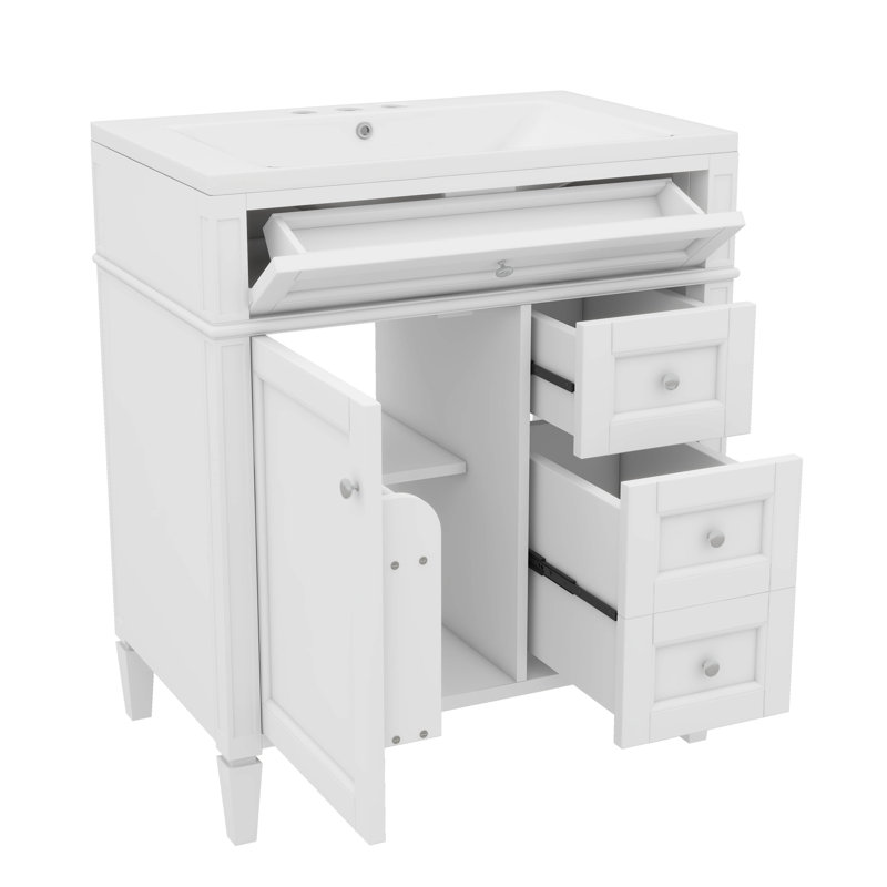 Meuble-lavabo moderne de 30 pouces avec lavabo supérieur, 2 tiroirs et un tiroir à ouverture frontale, Blanc, Argent argent