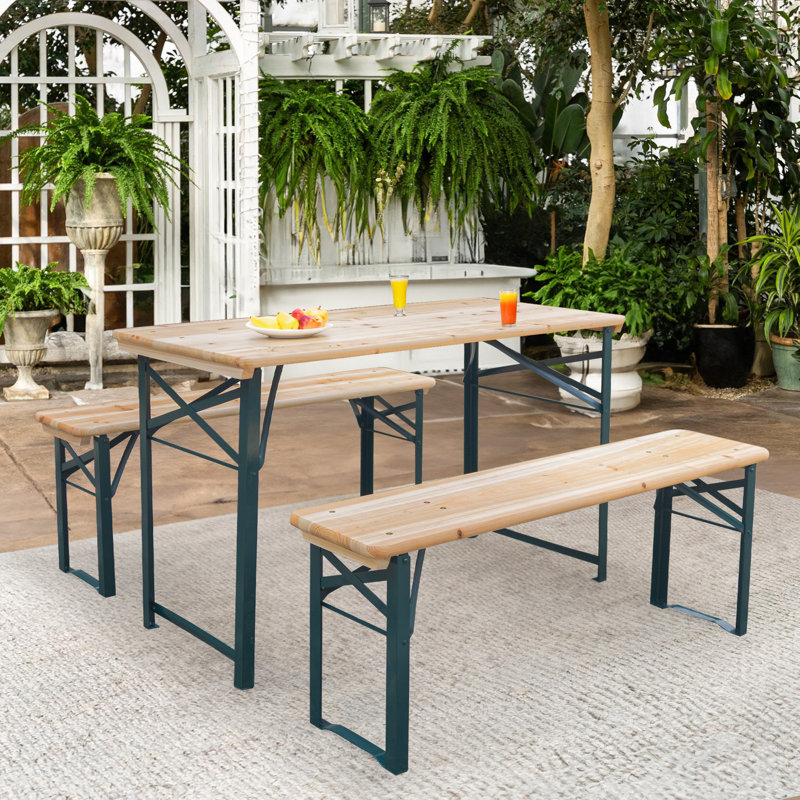 Picnic Table Bench Set of 3, Foldable Wooden Picnic Table with Benches, Outdoor Dining Table with Metal Frame, Picnic Folding Table for Patio, Lawn, Garden