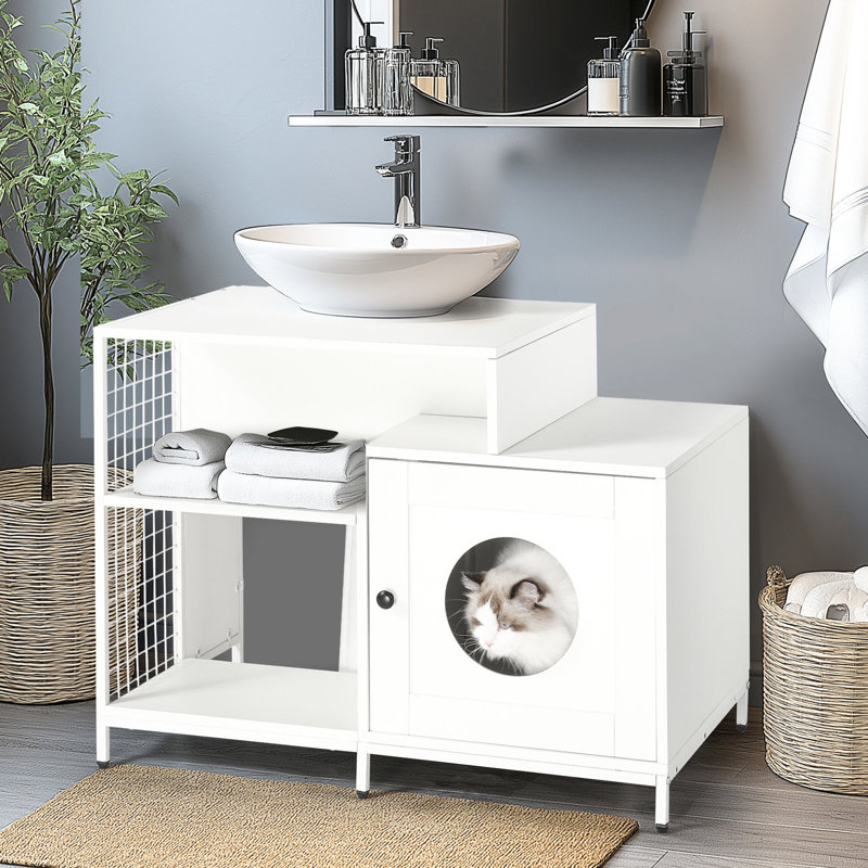 Boîtier de litière pour chat blanc, grande salle de bain avec rangement, fixation sous l'évier, panneau de particules P2 caché dans la salle de bain, rangement, solution,
