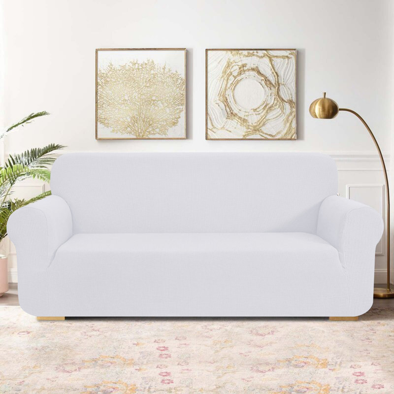 1 Piece Jacquard Spandex Stetch Box Cushion Loveseat Slipcover, White