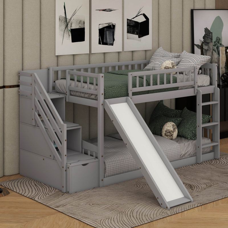 Twin Over Twin Bunk Bed With Slide, Gray