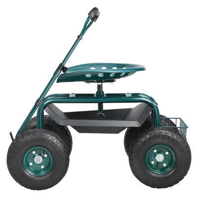 4-Wheel Rolling Garden Work Seat with Adjustable Steering Handle & Tool Tray, Heavy Duty Metal Garden Scooter Cart for Outdoor Planting