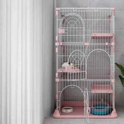 4-Tier Wire Cat Cage Playpen Kennel, 52 Inch Cat Catios Large Space For 1-3 Cats, Pink Cat Crate With 3 Platforms 3 Front Doors 2 Ramp Ladders