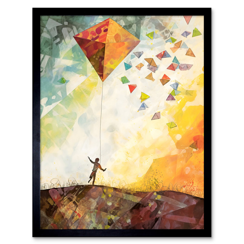 Bradham Child Flying Big Kite In Rainbow Colour Sunset Sky - Single Picture Frame Print