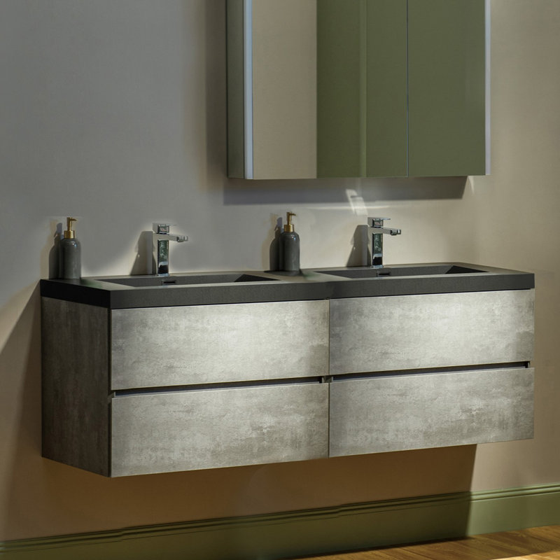 Vital 59 in. W x 19-5/8 in. D Wall Mounted Floating Bathroom Vanity in Grey with Quartz Sand Composite Vanity Top in Matte Black