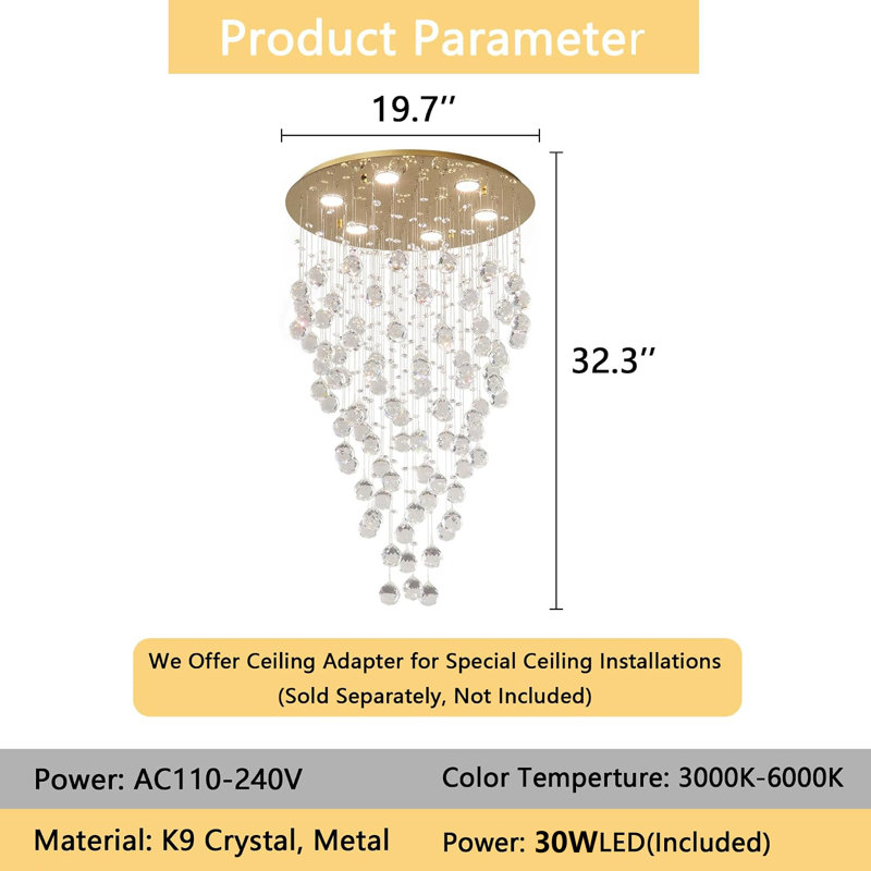 Lustre rond en cristal, Round Plate, Doré
