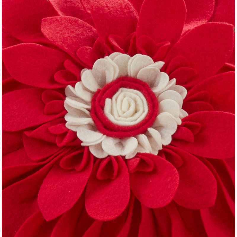 Red and White Round Felt Flower Throw Pillow